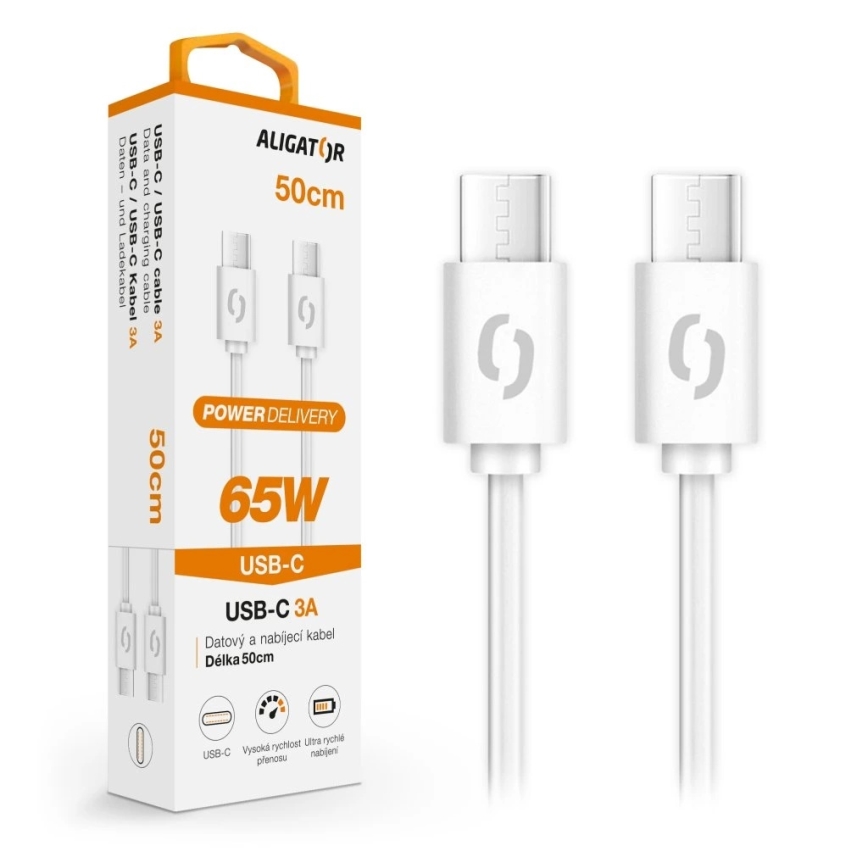 Aligator DATKP55 - USB-кабель USB-C / USB-C, 65 Вт з підтримкою Power Delivery, 0,5 м, білий