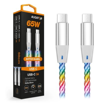 Aligator DATKP64 - USB-кабель USB-C / USB-C з LED-підсвічуванням, підтримка Power Delivery до 65 Вт, 0,5 м