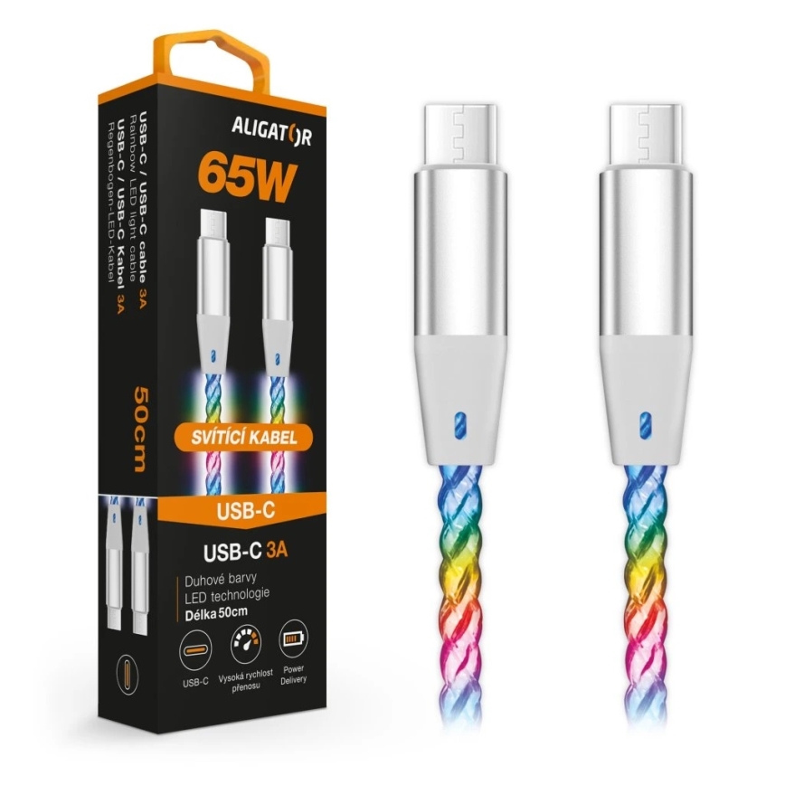 Aligator DATKP64 - USB-кабель USB-C / USB-C с LED-подсветкой 65 Вт Power Delivery 0,5 м