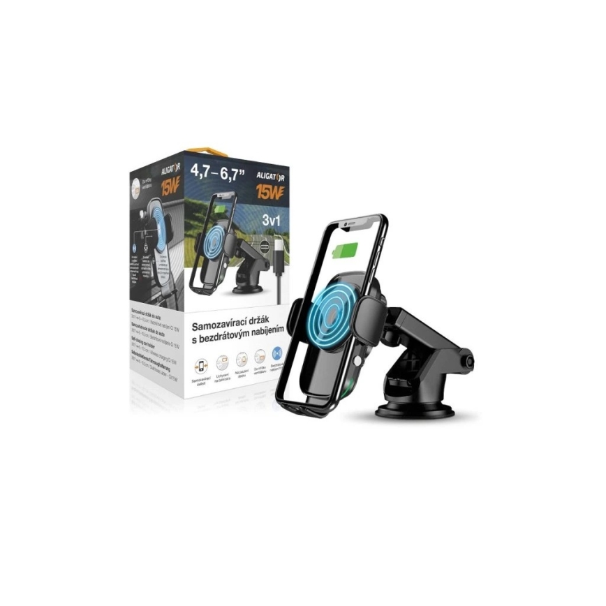 Aligator HAK2 - Автозажимной автомобильный держатель для телефона с беспроводной зарядкой Qi 15 Вт черный