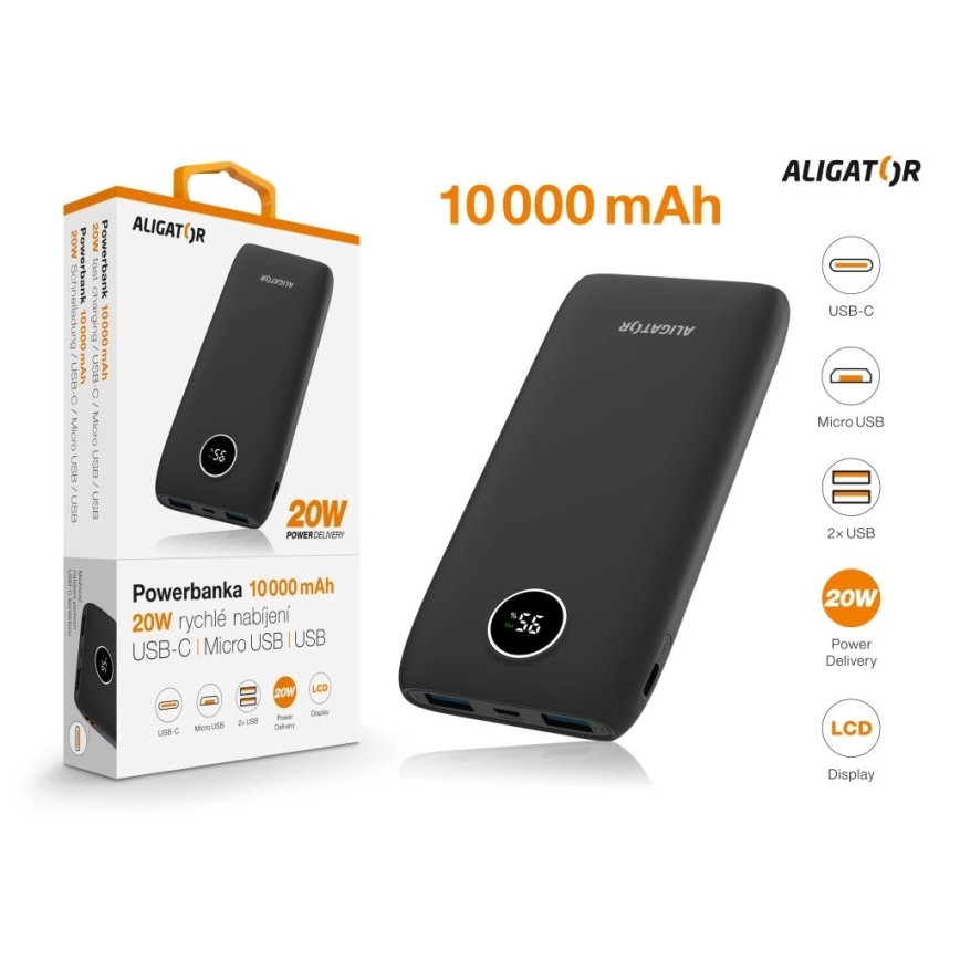 Aligator PBPD10BK - Павербанк з LCD-дисплеєм і підтримкою Power Delivery 10000 mAh/20W/3,7V чорний