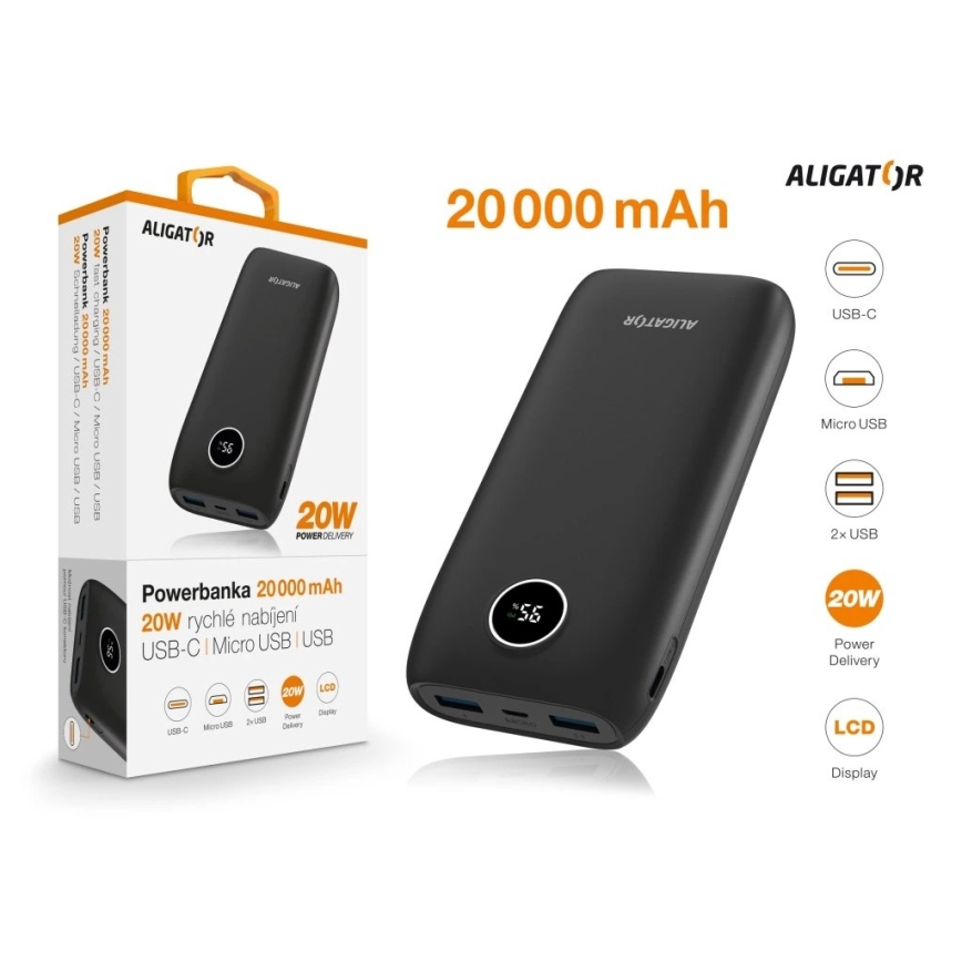 Aligator PBPD20BK - Power bank з LCD‑дисплеєм, з підтримкою Power Delivery, 20000 mAh/20W/3,7V, чорний