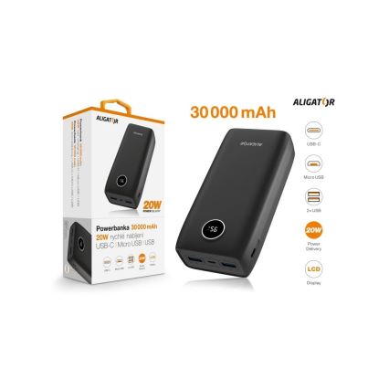 Aligator PBPD30BK - павербанк з LCD-дисплеєм Power Delivery 30000 mAh/20W/3,7V чорний
