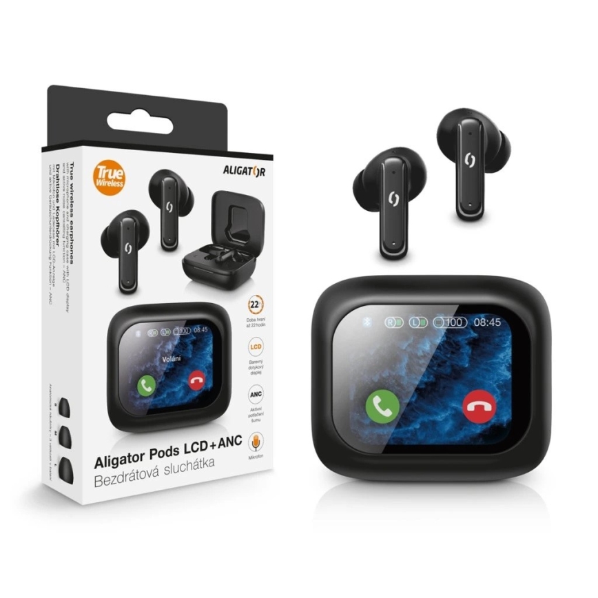 Aligator TWS07 - Беспроводные наушники Pods с ЖК-дисплеем + активным шумоподавлением (ANC) 400 мА·ч + 2x 40 мА·ч чёрные