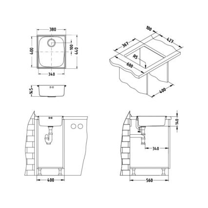 ALVEUS 1082195 - Кухонная раковина BASIC 44x38 см матовая сталь/сатин, большой отвод