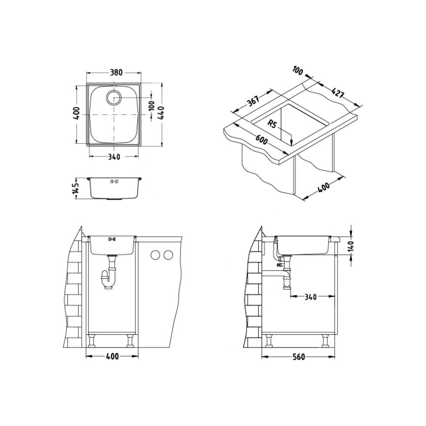 ALVEUS 1082195 - Кухонная раковина BASIC 44x38 см матовая сталь/сатин, большой отвод