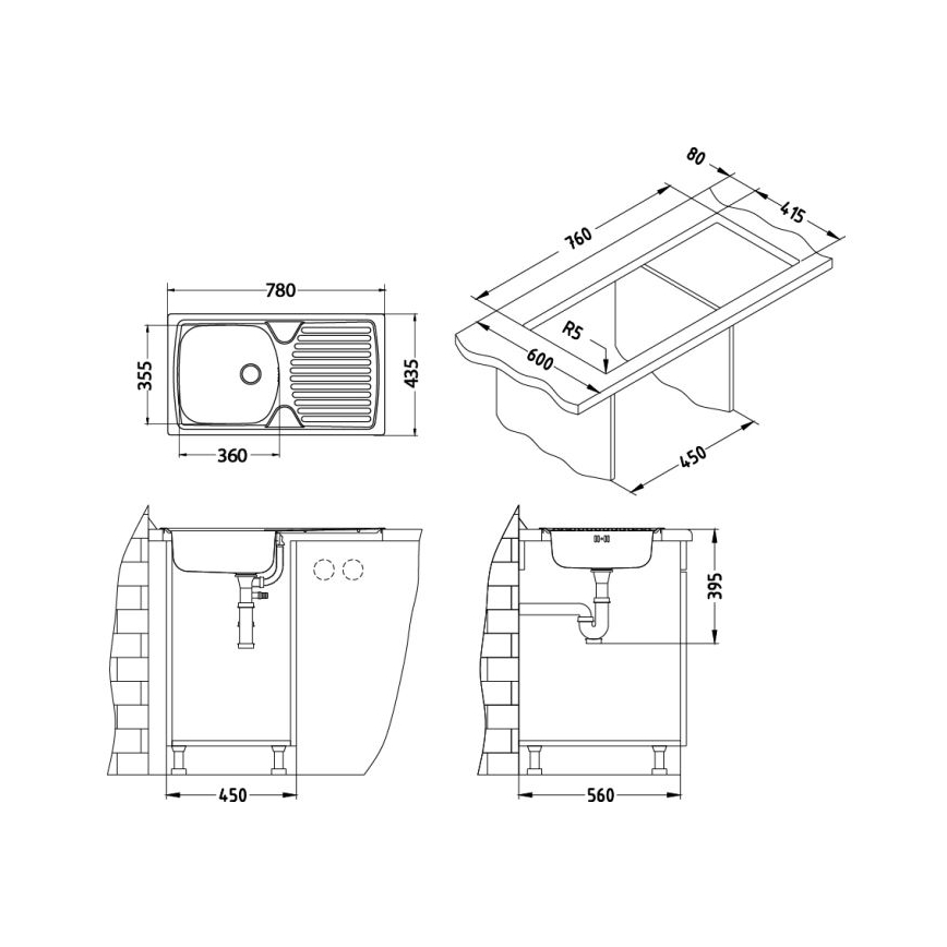 ALVEUS 1136534 - Кухонная мойка BASIC 78x43,5 см нержавеющая сталь/сатин, малый слив