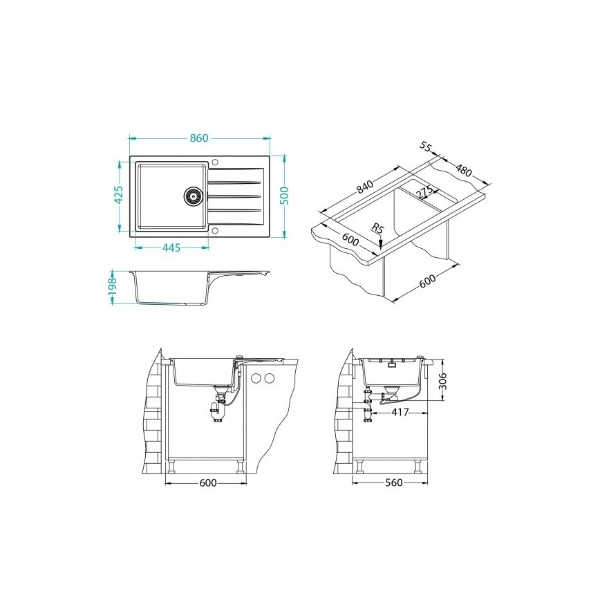 ALVEUS 1148160 - Кухонная раковина CADIT 86x50 см гранит/черный