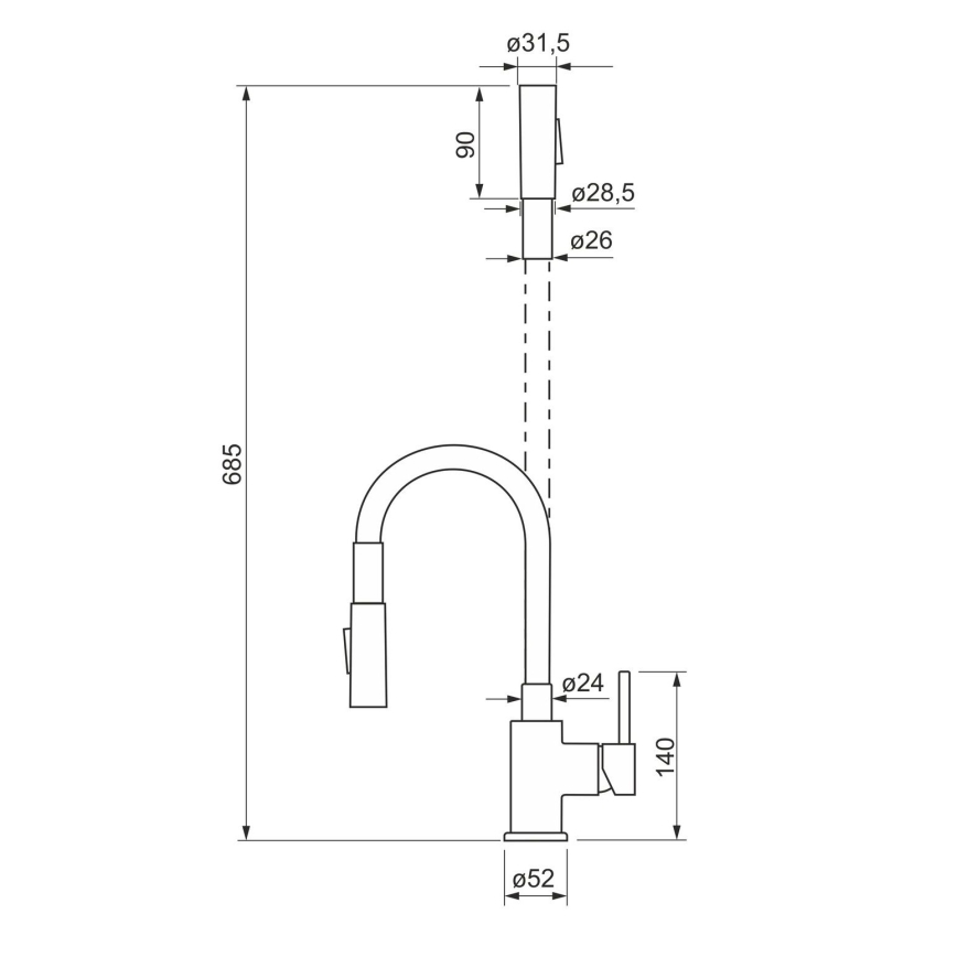 ALVEUS KI112111 - Смеситель для мойки с гибким изливом и душем BEA 47 см, глянцевый хром/черный