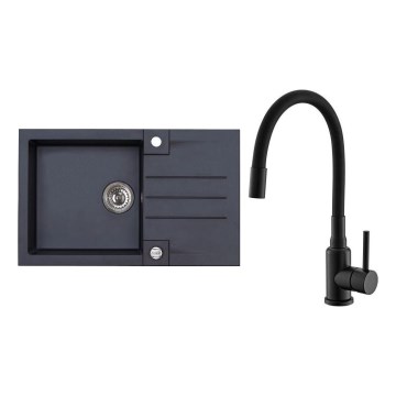 ALVEUS SETA23201 - Кухонная мойка ROCK 78x48 см + смеситель с гибкой трубкой MINTAS 34 см granito/матовый черный