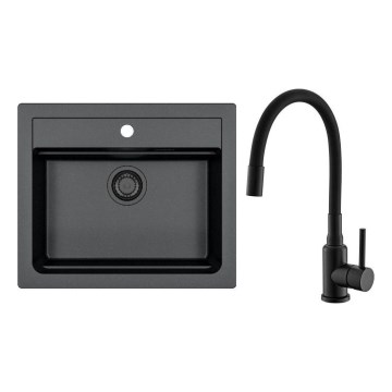 ALVEUS SETA23228 - Kuchyňský dřez ATROX 59x50 cm + dřezová baterie s flexibilním ramínkem MINTAS 34 cm granit/matná černá