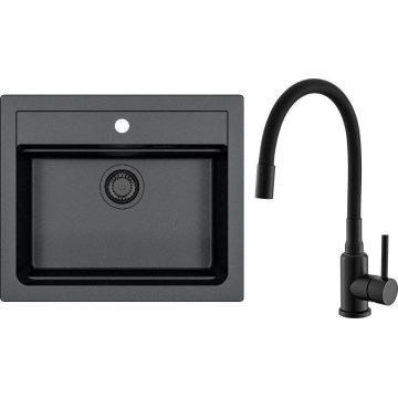 ALVEUS SETA23228 - Кухонная мойка ATROX 59x50 см + смеситель с гибким изливом MINTAS 34 см гранит/матовая черная