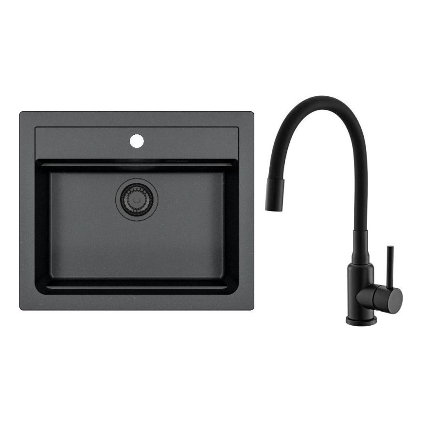 ALVEUS SETA23228 - Кухонная мойка ATROX 59x50 см + смеситель с гибким изливом MINTAS 34 см гранит/матовая черная