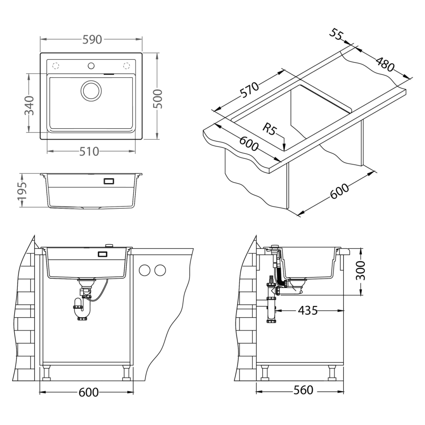 ALVEUS SETA23228 - Кухонная мойка ATROX 59x50 см + смеситель с гибким изливом MINTAS 34 см гранит/матовая черная