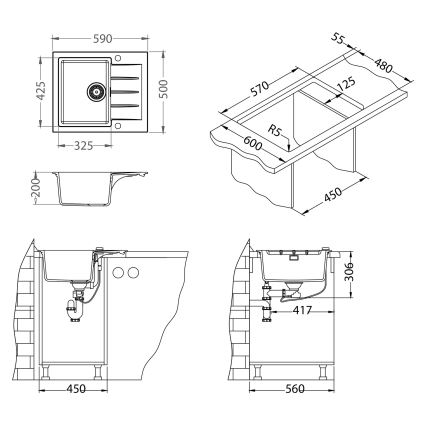 ALVEUS SETA23230 - Кухонная мойка CADIT 59x50 см + смеситель с гибким изливом MINTAS 34 см гранит/матовый черный