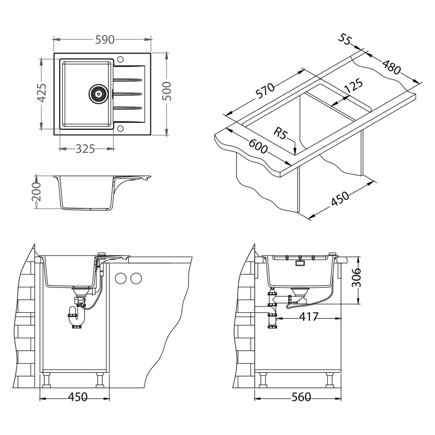 ALVEUS SETA23230 - Кухонная мойка CADIT 59x50 см + смеситель с гибким изливом MINTAS 34 см гранит/матовый черный