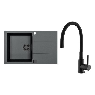 ALVEUS SETA23231 - Кухонная мойка CADIT 79x50 см + смеситель MINTAS с гибким изливом 34 см гранит/матовый черный