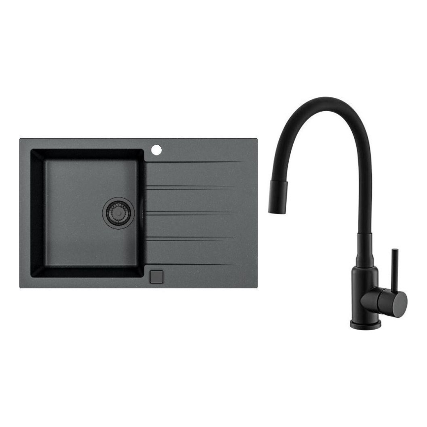 ALVEUS SETA23231 - Кухонная мойка CADIT 79x50 см + смеситель MINTAS с гибким изливом 34 см гранит/матовый черный