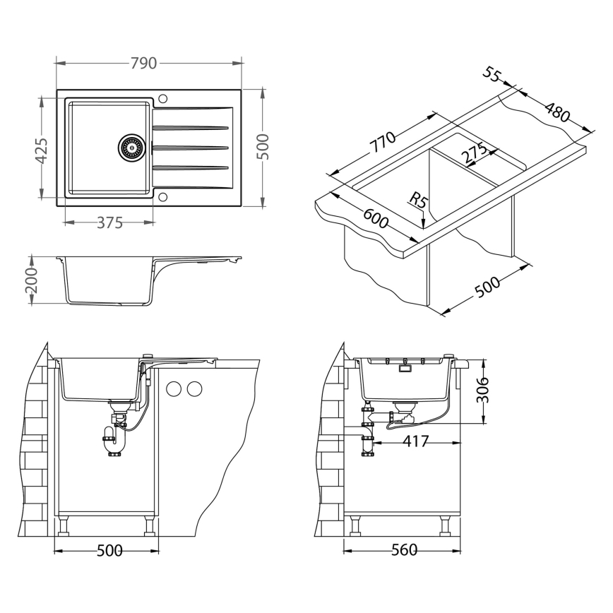 ALVEUS SETA23231 - Кухонная мойка CADIT 79x50 см + смеситель с гибким изливом MINTAS 34 см гранит/матовая чёрная