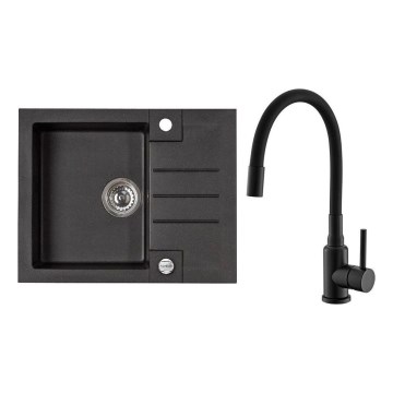 ALVEUS SETA23236 - Kuchyňský dřez ROCK 59,5x47,5 cm + dřezová baterie s flexibilním ramínkem MINTAS 34 cm granit/matná černá
