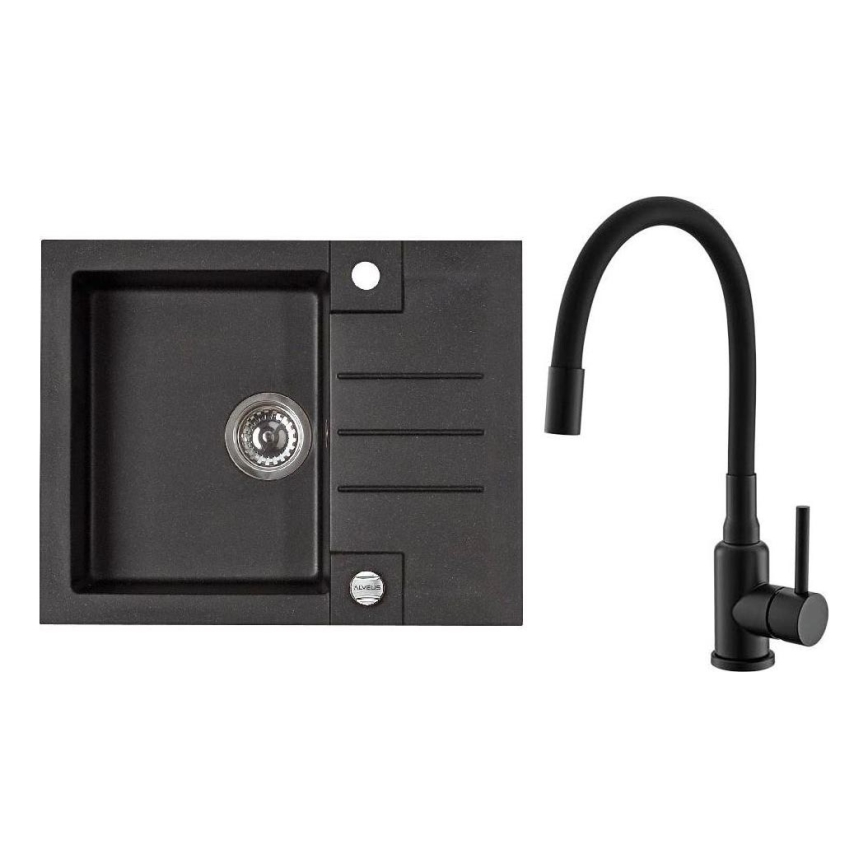 ALVEUS SETA23236 - Кухонная мойка ROCK 59,5x47,5 см + смеситель с гибким изливом MINTAS 34 см гранит/матовый черный