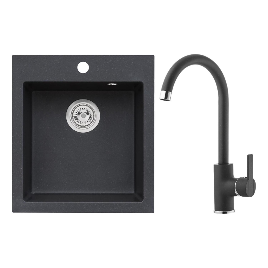 ALVEUS SETA737 - кухонная мойка CORTINA 50x45 см + смеситель для мойки с гибким изливом TONIA 29,5 см гранит/матовый чёрный