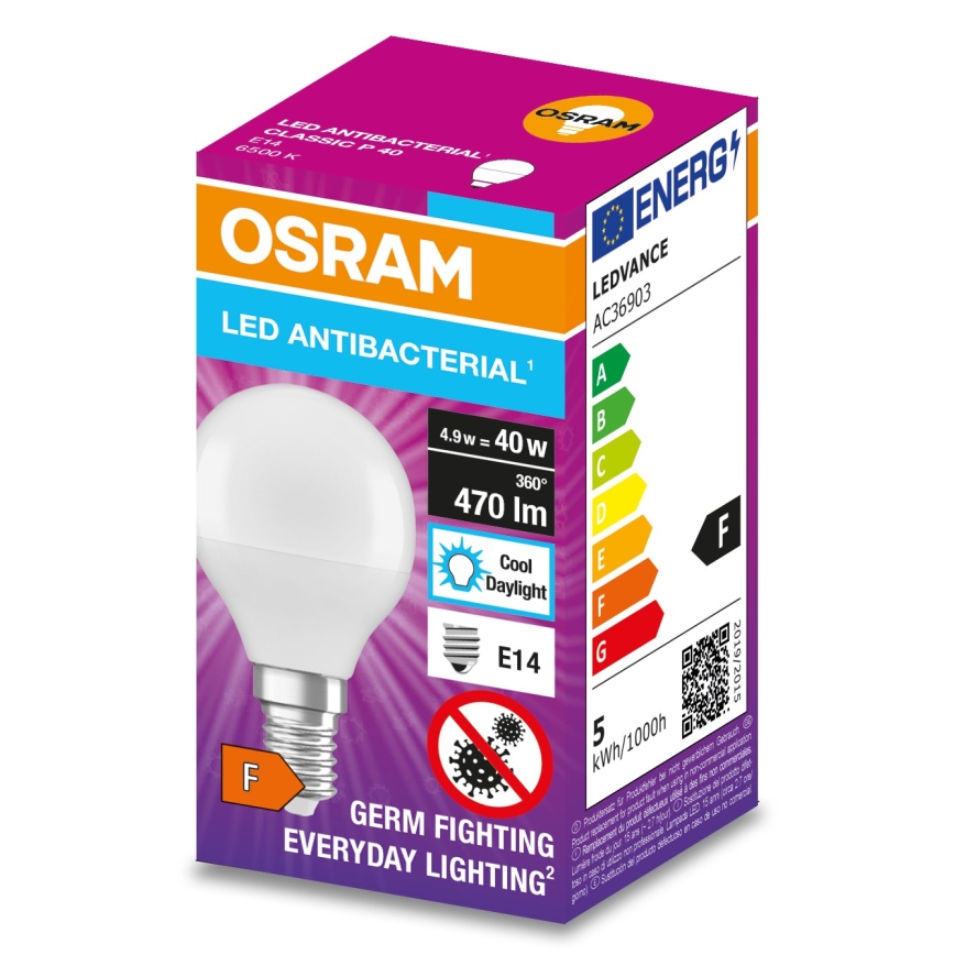 Антибактеріальна LED лампочка P40 E14/4,9W/230V 6500K - Osram