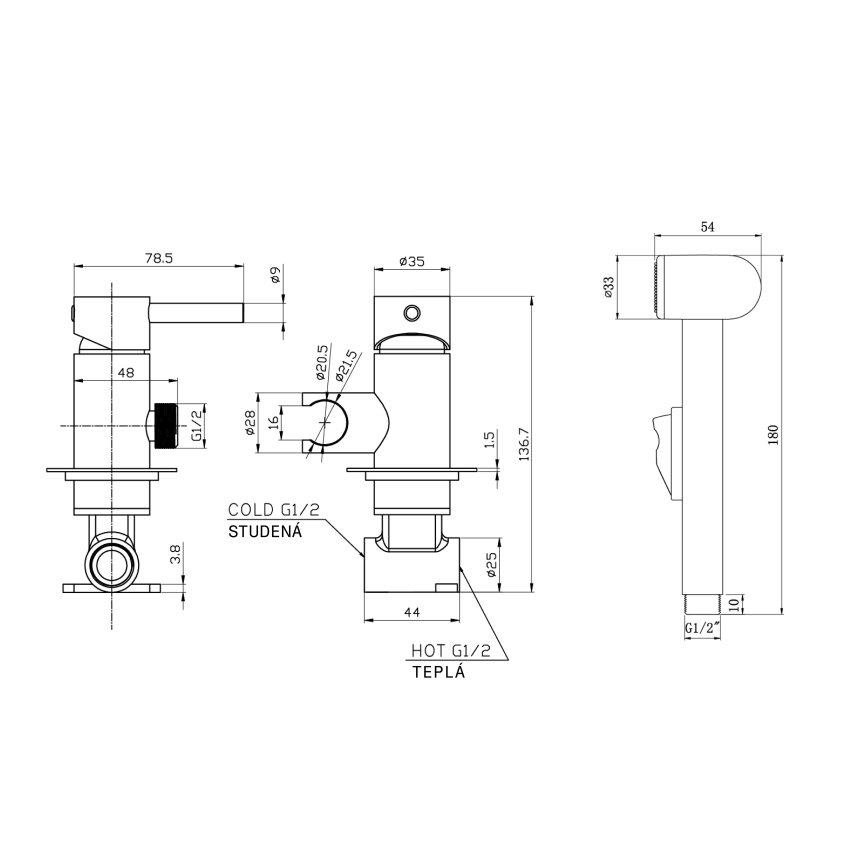 Aqualine - Змішувач для біде з душем для прихованого монтажу матовий чорний