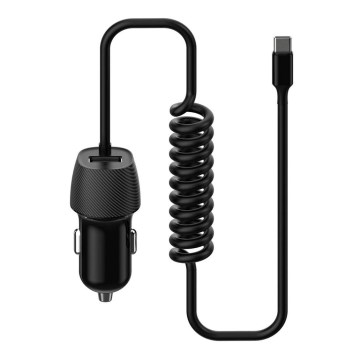 Автомобільний зарядний пристрій 1xUSB 5V/1A + USB Type-C роз'єм 150 см чорний