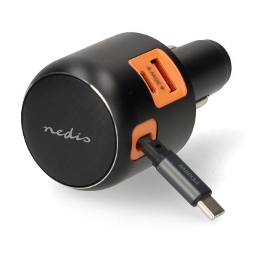 Автомобільний зарядний пристрій з втягуваним кабелем Power Delivery 30W 2xUSB-C + 1xUSB-A