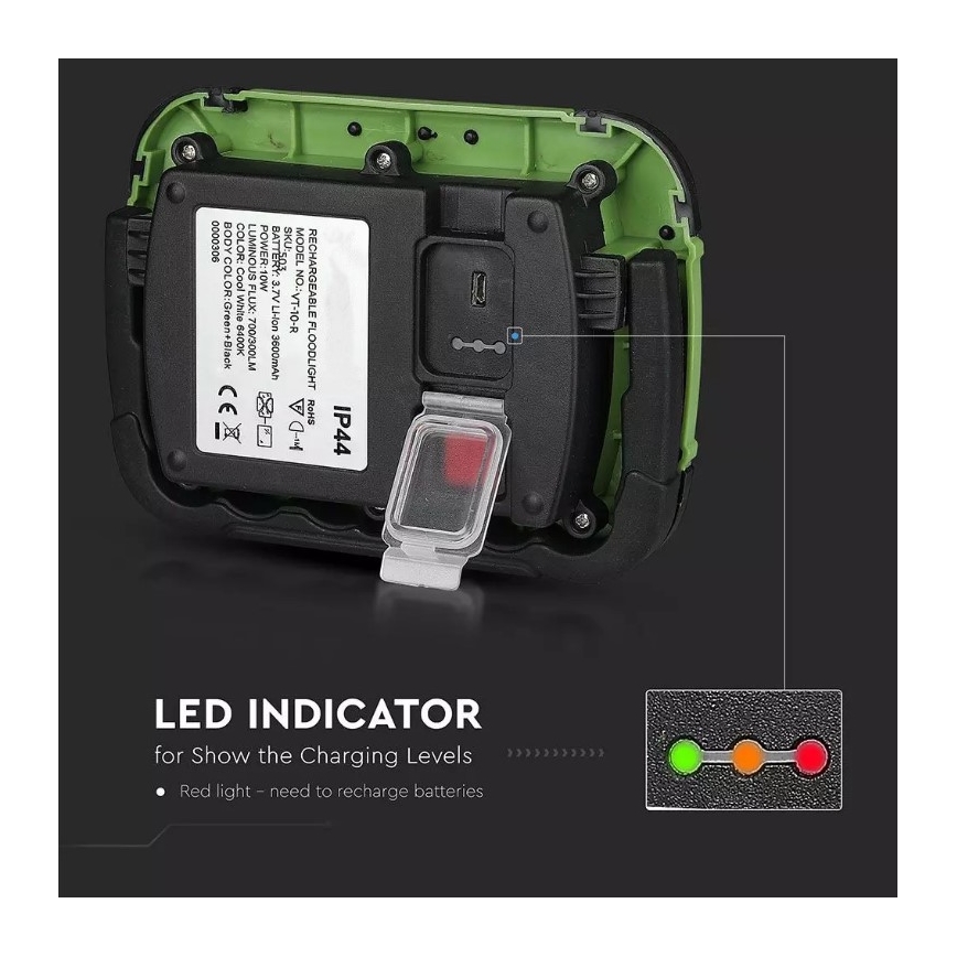 Акумуляторний LED прожектор SAMSUNG CHIP LED/10W/3,7V IP44 6400K 3600 mAh зелений