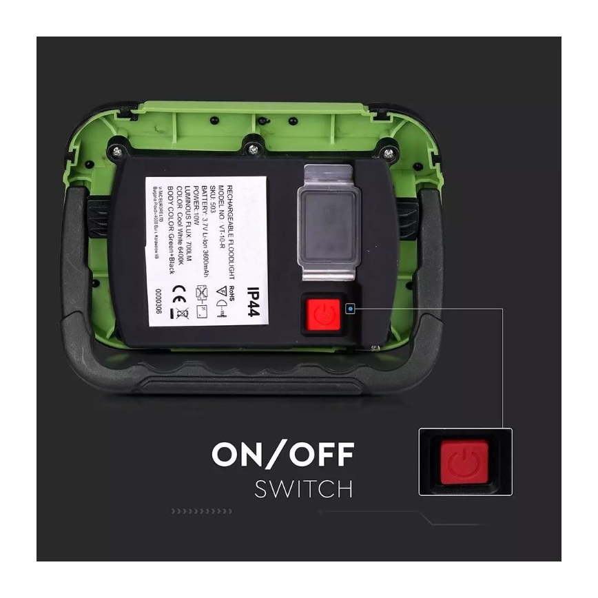 Акумуляторний LED прожектор SAMSUNG CHIP LED/10W/3,7V IP44 6400K 3600 mAh зелений