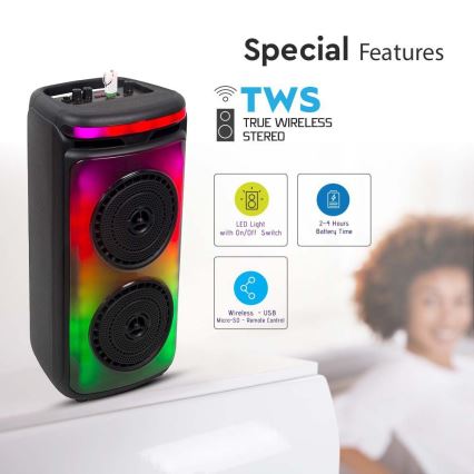 Аккумуляторная колонка со светодиодной RGB-подсветкой с микрофоном 400W/2400 mAh + дистанционное управление