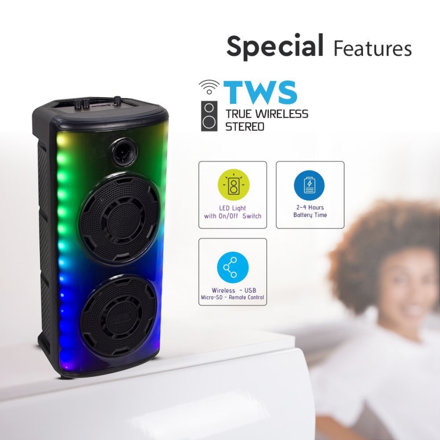 Аккумуляторная колонка со светодиодной RGB-подсветкой с микрофоном 600W/2400 mAh + дистанционное управление
