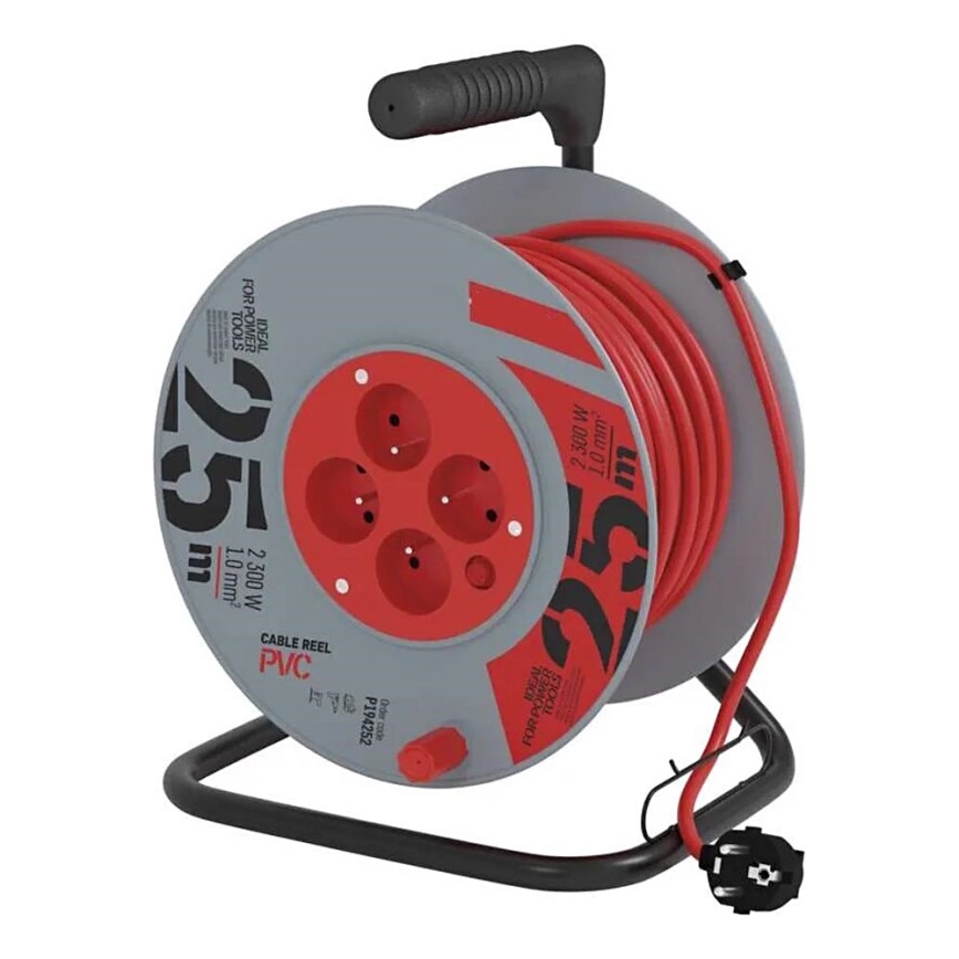 Барабанний подовжувач з 4 розетками 25м сірий/червоний