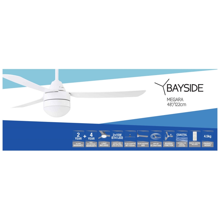 BAYSIDE 531016 - Потолочный вентилятор MEGARA 2xE14/15W/230V белый + дистанционное управление