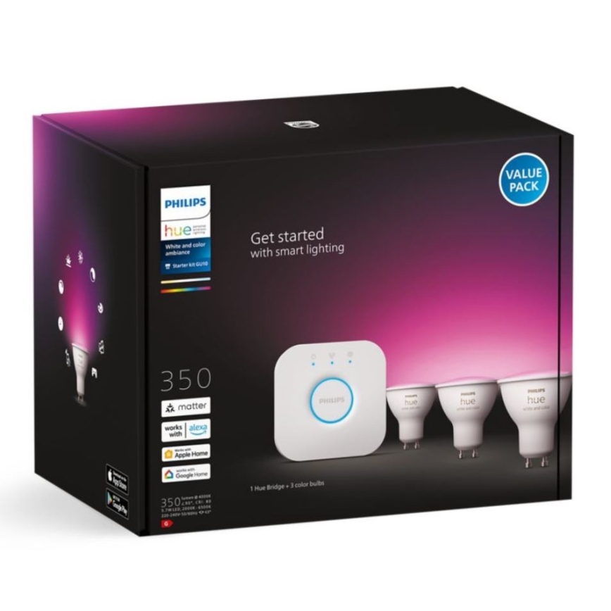 Базовий набір Philips Hue WHITE AND COLOR AMBIANCE 3xGU10/5,7W/230V 2000-6500K + пристрій для підключення