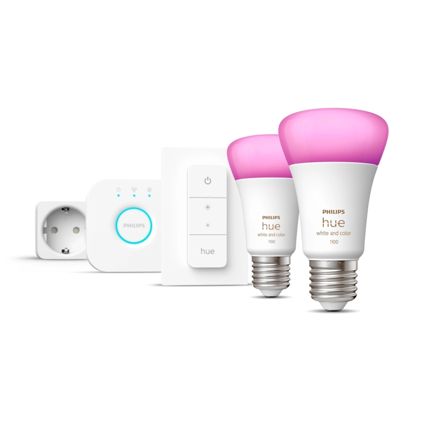 Базовий набір Philips Hue WHITE AND COLOR AMBIANCE 2xE27/9W/230V 2200-6500K + розумна розетка, Hue bridge та диммерний вимикач