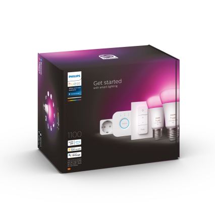 Базовий набір Philips Hue WHITE AND COLOR AMBIANCE 2xE27/9W/230V 2200-6500K + розумна розетка, Hue bridge та диммерний вимикач