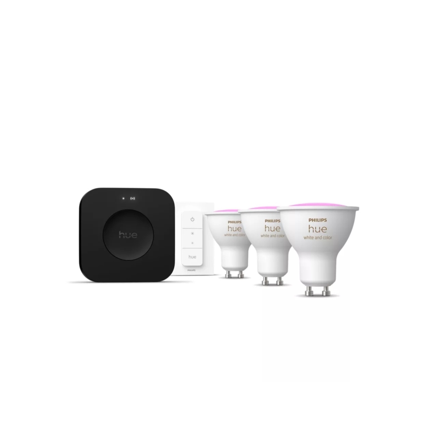 Стартовий набір Philips Hue WHITE AND COLOR AMBIANCE 3xGU10/4,2W 2000-6500K + Hue Bridge та диммерний вимикач