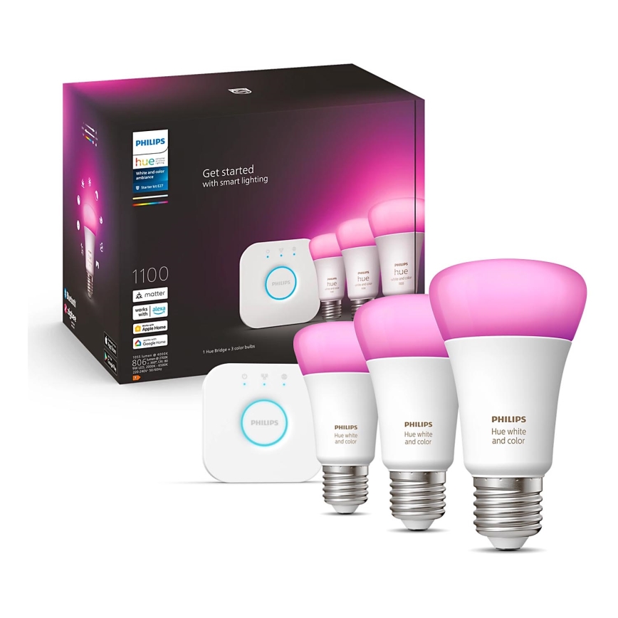 Базовый набор Philips Hue WHITE AND COLOR AMBIANCE 3xE27/9W/230V 2000-6500K + устройство соединения