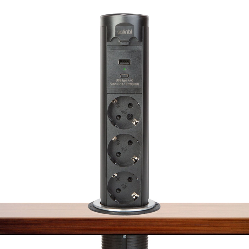 Блок розеток для столешницы 3x230V + USB-A + USB-C чёрный