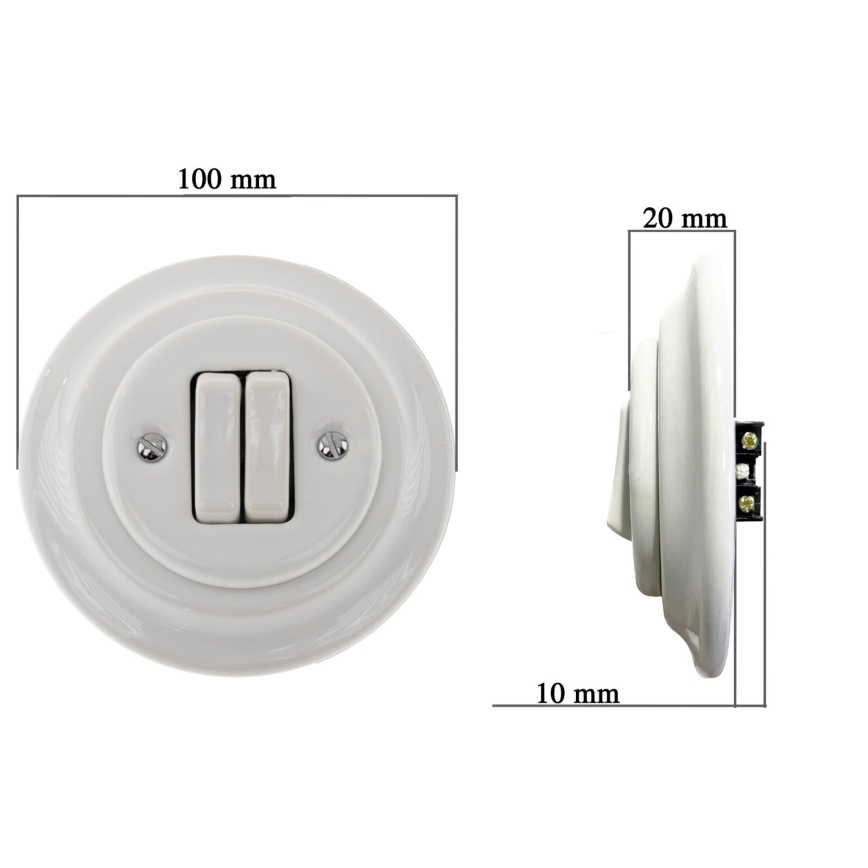 Bohemia-Design - Фарфоровый ретро двухклавишный выключатель с рамкой № 6+6, белый