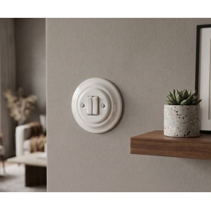 Bohemia-Design - Фарфоровый ретро двухклавишный выключатель с рамкой № 6+6, белый