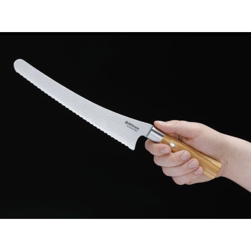 Böker - дамаський кухонний ніж для хліба DAMAST OLIVE 23,5 см, рукоятка з оливкового дерева