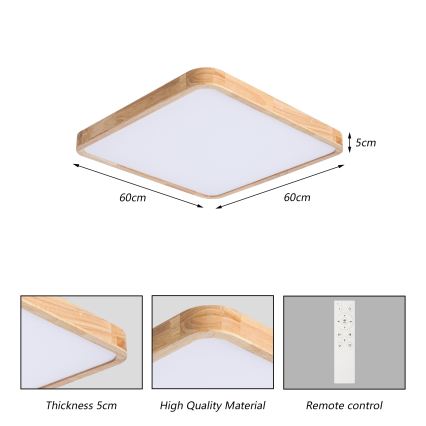BRILAGI - LED стельовий світильник з регульованою яскравістю WOODLINE SQUARE LED/80W/230V 3000-6000K дуб 60x60 см + пульт дистанційного керування