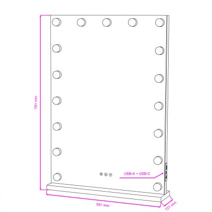 BRILAGI - LED-зеркало для макияжа с регулируемой яркостью HOLLYWOOD LED/15W/230V CCT + 2x USB 55x77 см чёрное