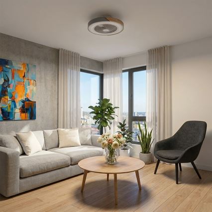 Brilagi - диммируемый потолочный светильник с вентилятором, LED 38 Вт, 230 В, 3000–6500 К, диаметр 50 см, серый/дуб, с пультом дистанционного управления