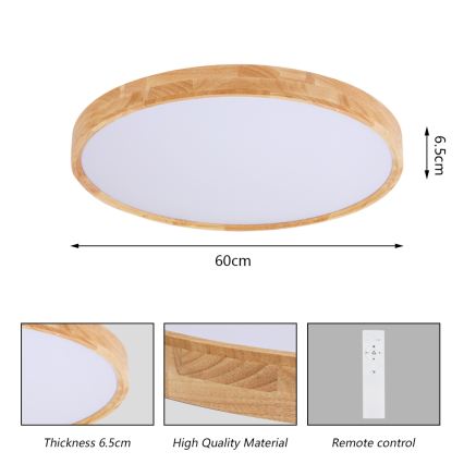 Brilagi - LED диммируемый потолочный светильник WOODROUND LED/40W/230V 3000-6000K диаметр 60 см деревянный CRI 90 + дистанционное управление