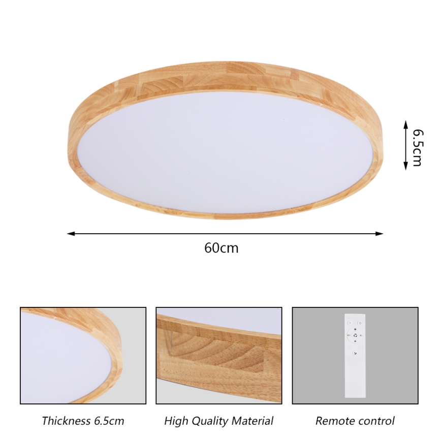 Brilagi - LED диммируемый потолочный светильник WOODROUND LED/40W/230V 3000-6000K диаметр 60 см деревянный CRI 90 + дистанционное управление